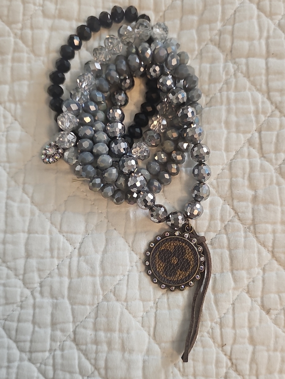 Designer Inspired  Round Monogram Pendant Beaded Necklace - Gray